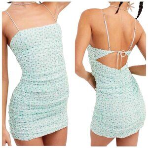 For Love & Lemons Drea Mini Dress Green Textured Tie Back 2X NWT